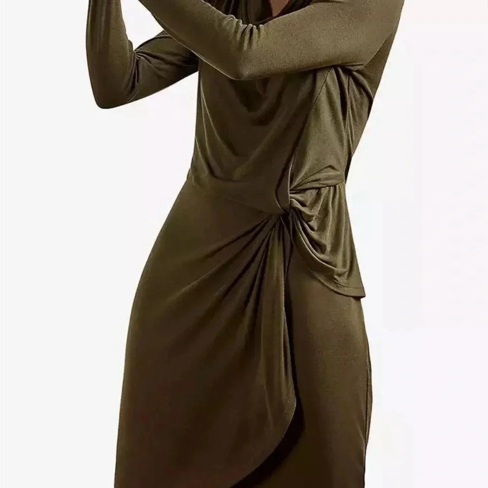 TED BAKER Khaki Green Neyda Long Sleeve Jersey Drape Dress Size 2 - Picture 2 of 15